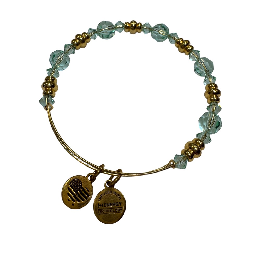 Alex and Ani Light Aqua Crystal Beaded‎ Bangle Gold Heart Flag Charm Bracelet